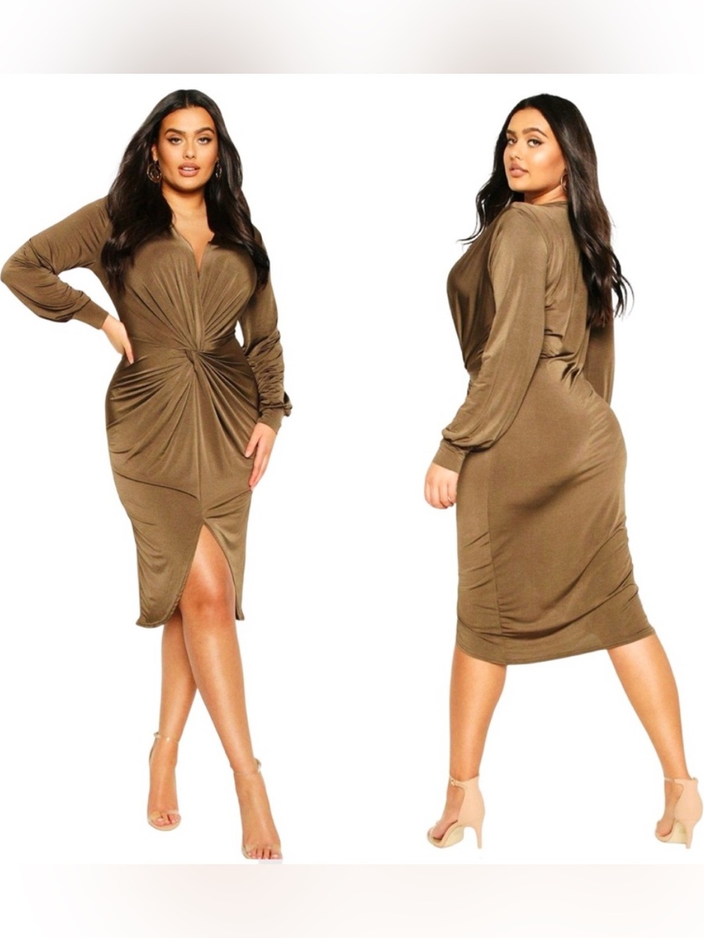 boohoo Gold Twist-Front Long Sleeve Midi Dress with Front Slit